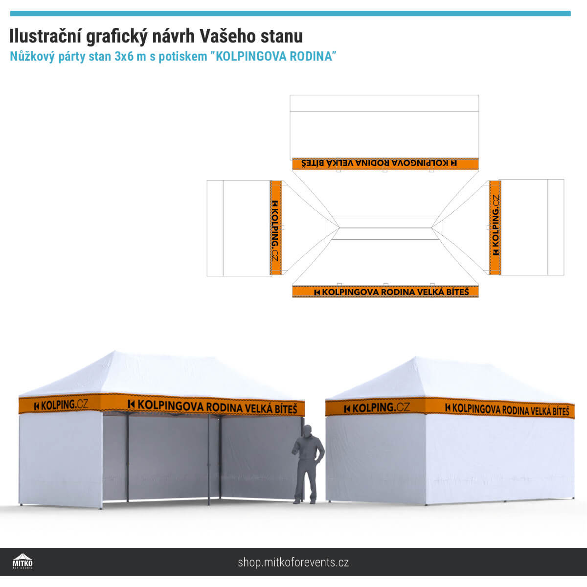 Grafický návrh nůžkového párty stanu 3x6 s potiskem Kolpingova Rodina